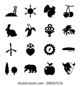nature icons set. Set of 16 nature filled icons such as cherry, mill, bear, rabbit, goat, fish, turkey, sun, caterpillar, banana, heart frozen, bouquet flower, tree, apple