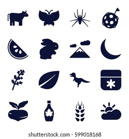 nature icons set. Set of 16 nature filled icons such as wheat, cow, rabbit, beet, deel, spider, flower, leaf, maple syrup, crescent, watermelon, sun cloud, butterfly