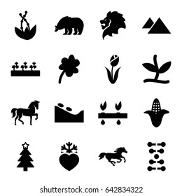 Nature icons set. set of 16 nature filled icons such as corn, bear, lion, horse, spa stone, clover, christmas tree, sprout plants, heart frozen, plant, mountain, flower