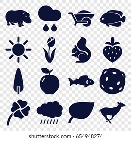 Nature icons set. set of 16 nature filled icons such as sun, fish, apple, antelope, squirrel, hippopotamus, wheelbarrow, pine-tree, strawberry, clover, rain, flower