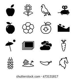 Nature icons set. set of 16 nature filled and outline icons such as apple, cloudy weather, photos, mouse toy, spa stone, umbrella, dove, horse, wheat, pepper, flower, carrot