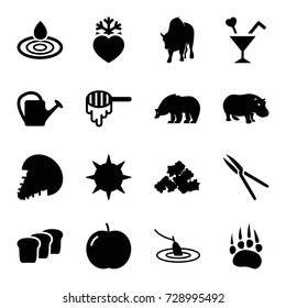 Nature icons set. set of 16 nature filled icons such as apple, honey, animal paw, bear, hippopotamus, buffalo, water drop, mud, garden tools, watering can, heart frozen