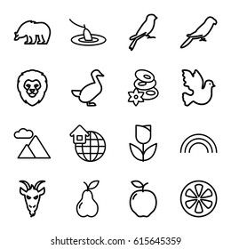 Nature icons set. set of 16 nature outline icons such as lion, bear, parrot, sparrow, goat, goose, apple, spa stones, pear, lemon, mountain, global home, rainbow, fishing