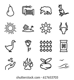 Nature icons set. set of 16 nature outline icons such as animal paw, bear, kangaroo, bull, goose, pear, beet, hand with seeds, water hose, bag with ground, home on island