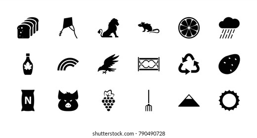 Nature icons. set of 18 editable filled nature icons: potato, grape, lion, pig, pyramid, recycle, maple syrup, rain, bag with ground, sun, rainbow, kite, eagle, mouse, bread