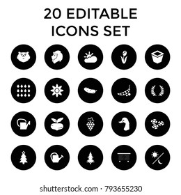 Nature icons. set of 20 editable filled nature icons such as grape, beet, christmas tree, cucumber, watering can, pot for plants. best quality nature elements in trendy style.