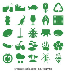 Nature icons set. set of 25 nature filled icons such as field, udder, fish, grape, lemon, animal paw, ant, kangaroo, spa stone, cocktail, recycle, cucumber, rake, rose, flower