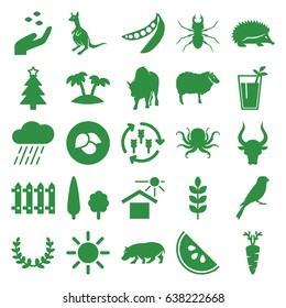 Nature icons set. set of 25 nature filled icons such as wheat, leaf, harvest, hand with seeds, hedgehog, octopus, sheep, kangaroo, bull, sparrow, buffalo, beetle, hippopotamus