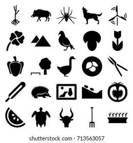 Nature icons set. set of 25 nature filled icons such as leaf, mushroom, hog, dove, hedgehog, spider, bull, wolf, goose, spa stone, pitchfork, garden tools, plant in pot