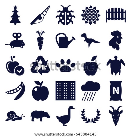 Nature icons set. set of 25 nature filled icons such as field, sunflower, rooster, goose, hippopotamus, goat, snail, mouse toy, apple, watering can, rain, fence, ladybug