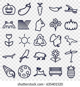 Nature icons set. set of 25 nature outline icons such as sun, hog, deer, sparrow, turkey, field, plant, pumpkin, eggplant, pepper, garden tools, flower, carrot