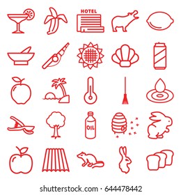 Nature icons set. set of 25 nature outline icons such as hippopotamus, mouse, rabbit, field, apple, sunflower, oil, bowl, water drop, rake, garden tools, tree, honeycomb