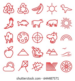 Nature icons set. set of 25 nature outline icons such as sun, hippopotamus, eagle, pig, buffalo, field, cow, leaf, pyramid, apple, lemon, peas, dna, mountain, recycle, rainbow