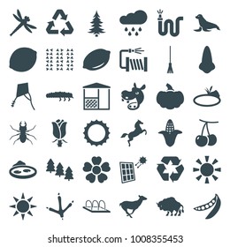 Nature icons. set of 36 editable filled nature icons such as cherry, corn, lemon, pine tree, footprint of  icobird, antelope, beetle, nose, rake, water hose, rose, pond