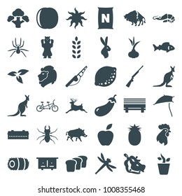Nature icons. set of 36 editable filled nature icons such as plant, fish, barn, onion, eggplant, beehouse, buffalo, deer, kangaroo, beetle, hippopotamus, fishing rod, apple