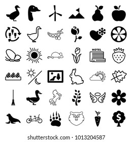 Nature icons. set of 36 editable filled and outline nature icons such as harvest, mill, animal paw, goose, picture, sun, lemon, mountain, money tree, leaf, rabbit, butterfly