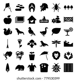 Nature icons. set of 36 editable filled nature icons such as field, dragonfly, dove, bear, lion, beetle, seal, photos, flower, spa stone, leaf, rose, bread, rake, plant in pot