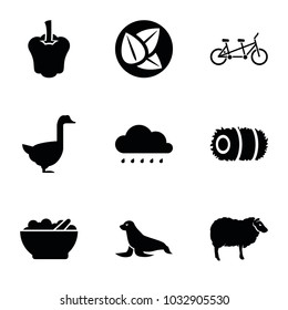 Nature icons. set of 9 editable filled nature icons such as sheep, goose, sun, leaf, hay, pepper, seal, bowl
