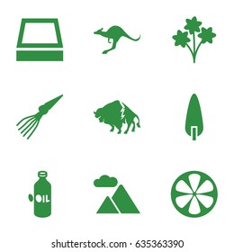 Nature icons set. set of 9 nature filled icons such as oil, buffalo, kangaroo, pine-tree, lemon, mountain, square plant pot, extinct sea creature