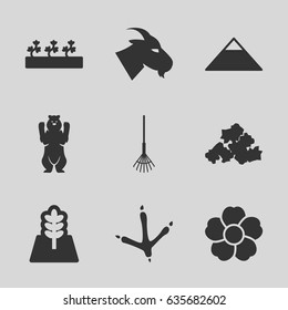 Nature icons set. set of 9 nature filled icons such as bear, footprint of  icobird, goat, pyramid, mud, rake, sprout plants, flower