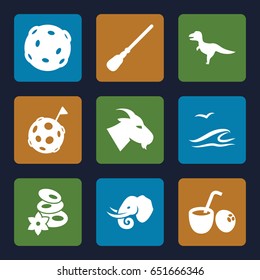 Nature icons set. set of 9 nature filled icons such as goat, elephant, spa stones, mop, drink coconut, sea and gull, extinct sea creature, flag on moon