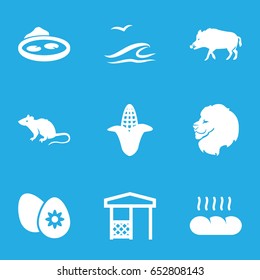 Nature icons set. set of 9 nature filled icons such as corn, hog, lion, mouse, gazebo, pond, easter egg, bread