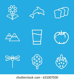 Nature icons set. set of 9 nature outline icons such as apple, tree, flower, strawberry, mountain, drink, bread, dragonfly