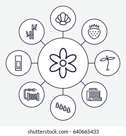 Nature icons set. set of 9 nature outline icons such as plant, pine tree, flower, bamboo, water hose, strawberry, drink, sun