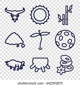 Nature icons set. set of 9 nature outline icons such as bull skull, buffalo, plant, udder, spa stones, bamboo, ground heap, sun