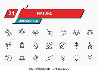 nature icons set - big snowflake, amanita, palmatelly, reed bed, trifoliate ternate outline vector collection.