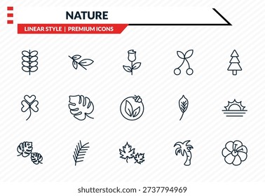 nature icons set - briar leaf, willow leaf, trifoliate ternate, dry leaf, hibiscus outline vector collection.