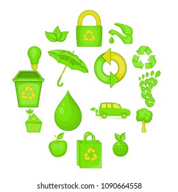 Nature icons set in cartoon style. Ecology, eco set collection vector illustration