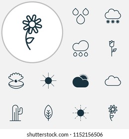 Nature icons set with clear sunrise, cloudburst, raindrop and other seashell elements. Isolated vector illustration nature icons.