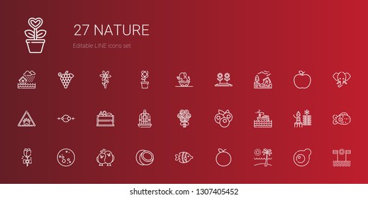nature icons set. Collection of nature with beach, tangerine, fish, coconut, love birds, moon, rose, storm, blueberries, bouquet, bird cage. Editable and scalable nature icons.