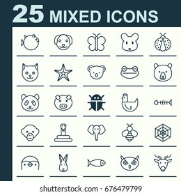 Nature Icons Set. Collection Of Bumblebee, Bear, Night Fowl And Other Elements. Also Includes Symbols Such As Moth, Spider, Bone.