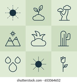 Nature Icons Set. Collection Of Bush, Oak, Water Drops And Other Elements. Also Includes Symbols Such As Gardening, Relief, Mountains.