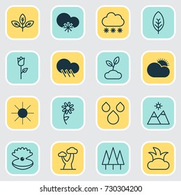 Nature Icons Set. Collection Of Bush, Raindrop, Snowstorm And Other Elements. Also Includes Symbols Such As Cloudburst, Gardening, Sunlight.