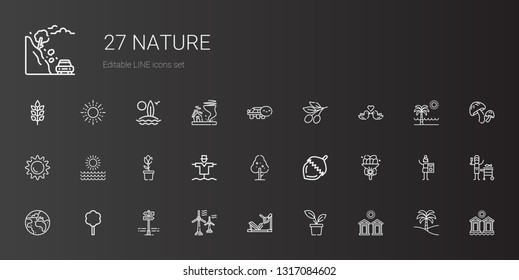 nature icons set. Collection of nature with cabins, plant, gym station, wind turbine, panels, tree, planet earth, bouquet, nut, scarecrow. Editable and scalable nature icons.