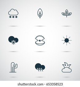 Nature Icons Set. Collection Of Cactus, Sunshine, Snowstorm And Other Elements. Also Includes Symbols Such As Sun, Bush, Snowy.