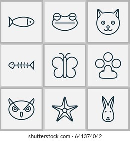 Nature Icons Set. Collection Of Claw Print, Seafood Skeleton, Night Fowl And Other Elements. Also Includes Symbols Such As Night, Starfish, Fowl.