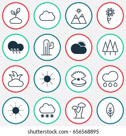 Nature Icons Set. Collection Of Cloud, Bush, Raindrop And Other Elements. Also Includes Symbols Such As Overcast, Oak, Sunlight.