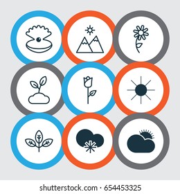 Nature Icons Set. Collection Of Cold Climate, Plant, Landscape Elements. Also Includes Symbols Such As Sunflower, Mountains, Sprout.