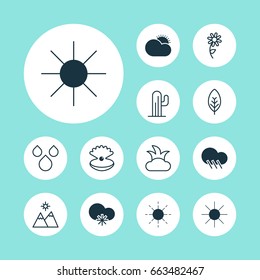 Nature Icons Set. Collection Of Cold Climate, Bush, Sunshine And Other Elements. Also Includes Symbols Such As Pearl, Foliage, Drop.