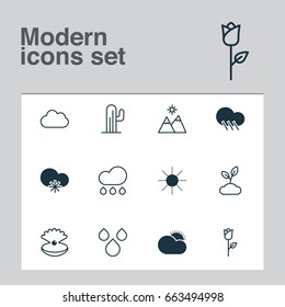 Nature Icons Set. Collection Of Cold Climate, Seashell, Cloud And Other Elements. Also Includes Symbols Such As Cold, Plant, Sunny.