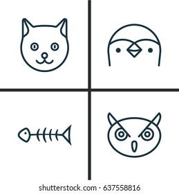 Nature Icons Set. Collection Of Diver, Seafood Skeleton, Night Fowl And Other Elements. Also Includes Symbols Such As Pussy, Fish, Kitten.