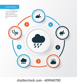 Nature Icons Set. Collection Of Douche, Sun-Cloud, Wet And Other Elements. Also Includes Symbols Such As Breeze, Sun, Night.