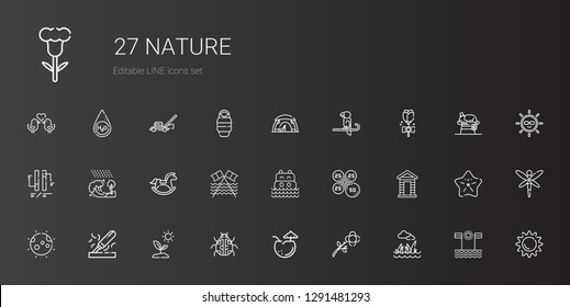 nature icons set. Collection of nature with lawn, flower, coconut, ladybug, sprout, wood, moon, cabin, petals, sea, beach, horse, tsunami. Editable and scalable nature icons.