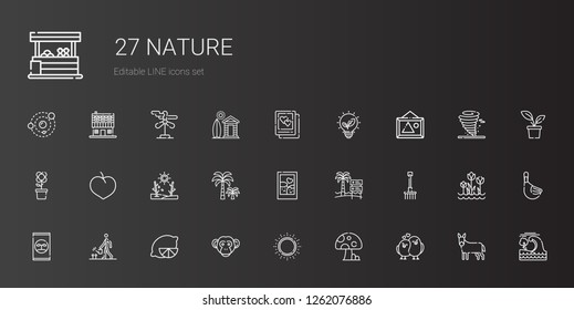 nature icons set. Collection of nature with love birds, mushroom, sun, monkey, lemon, watering, fertilizer, rake, beach, picture, palm tree. Editable and scalable nature icons.