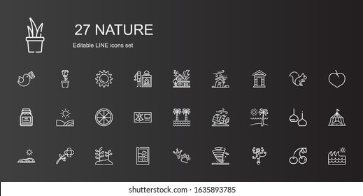 nature icons set. Collection of nature with monkey, tornado, footprint, picture, plant, flower, field, beach, hurricane, palm tree, bug, orange. Editable and scalable nature icons.