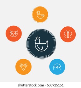 Nature Icons Set. Collection Of Moose, Hen, Night Fowl And Other Elements. Also Includes Symbols Such As Owl, Duck, Chicken.